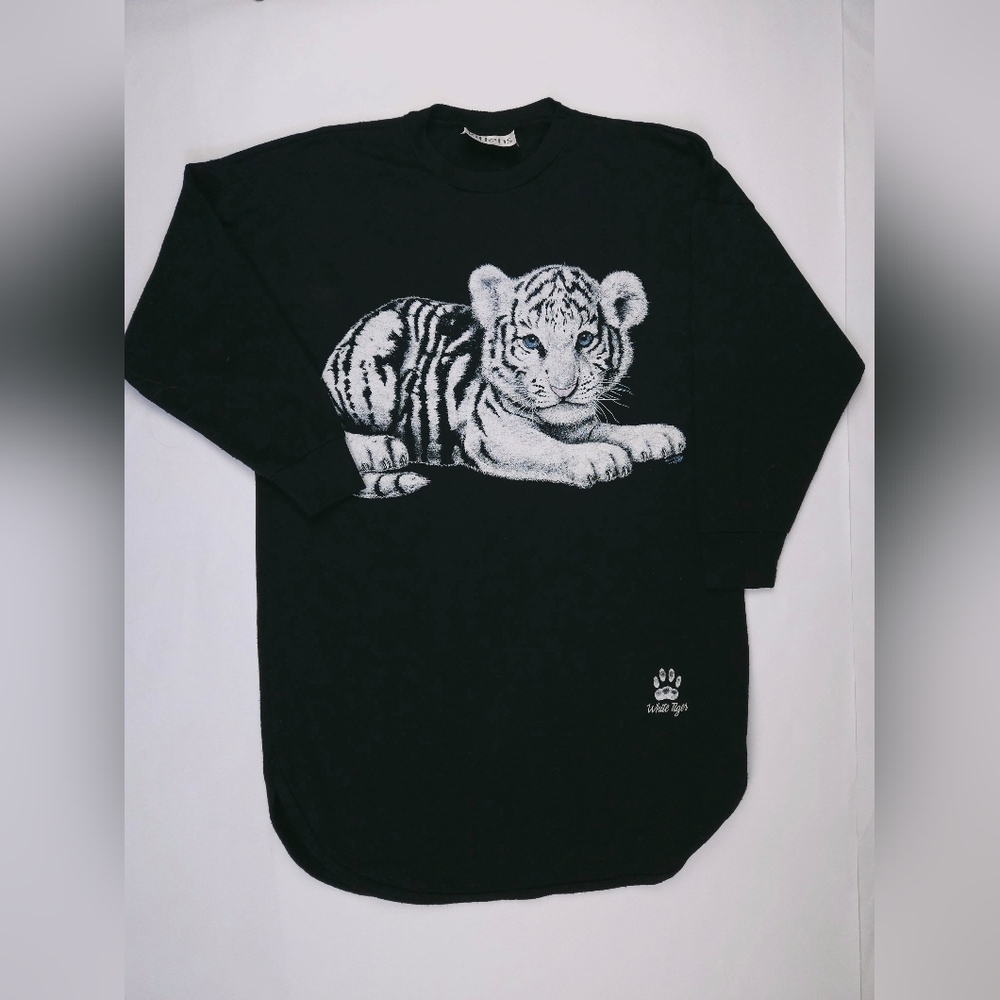 Kittens Brand Vintage 1990s White Tiger Tunic Sweatshirt One Size Black USA